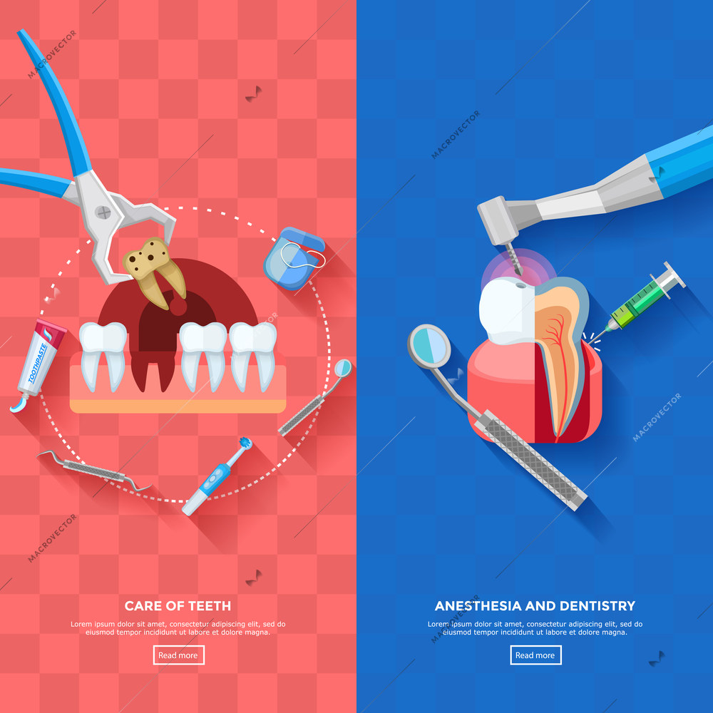 Vertical dentist banners with stages of teeth treatment and necessary equipment for teeth care on pink and blue plaid background flat isolated vector illustration