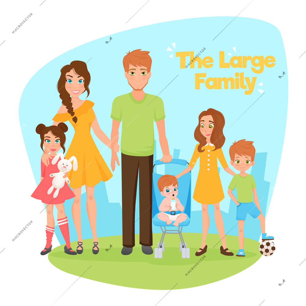 Large family design concept with young parents two daughters son and little baby flat vector illustration