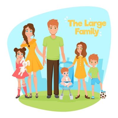 Large family design concept with young parents two daughters son and little baby flat vector illustration