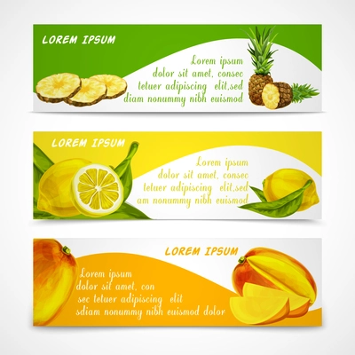 Natural organic tropical fruits banners set of cut and whole pineapple lemon mango design template vector illustration