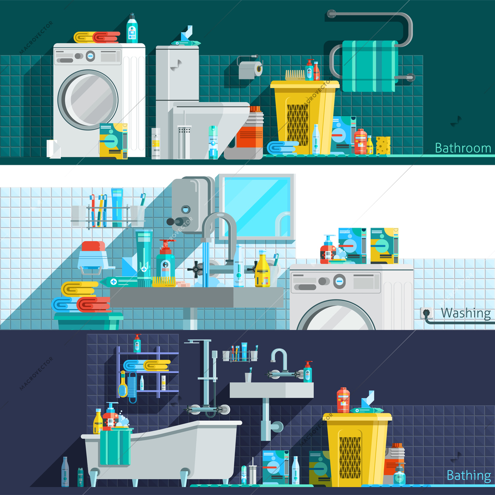 Hygiene icons flat horizontal banners with bathroom interior toiletries washing machine laundry basket vector illustration