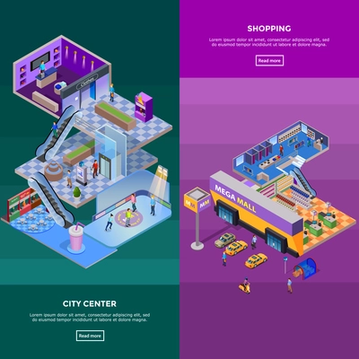 Vertical shopping mall with different departments parking cafe and customers isolated isometric vector illustration