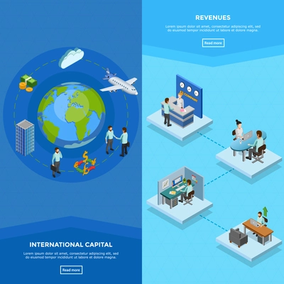 Vertical business banners with clerks at their workplaces and international capital concept isolated isometric vector illustration