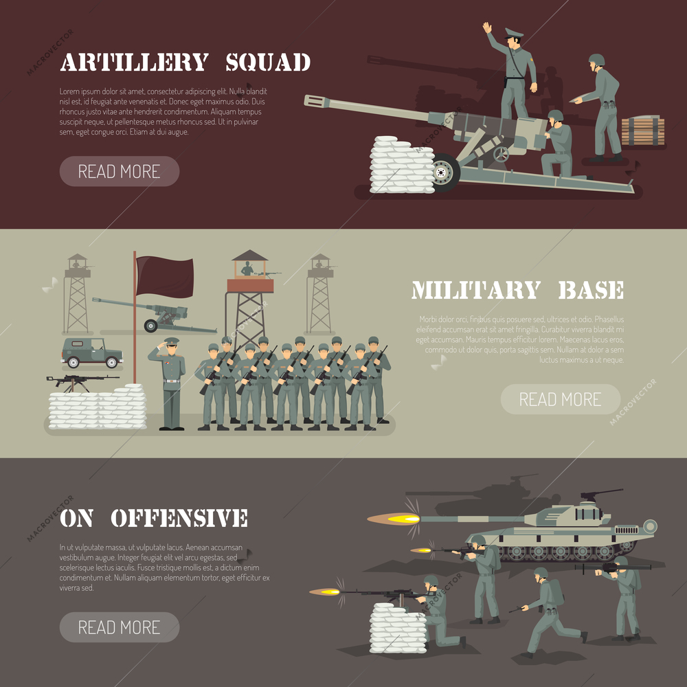 Military army force base with artillery squad webpage design 3 flat horizontal banners set isolated vector illustration