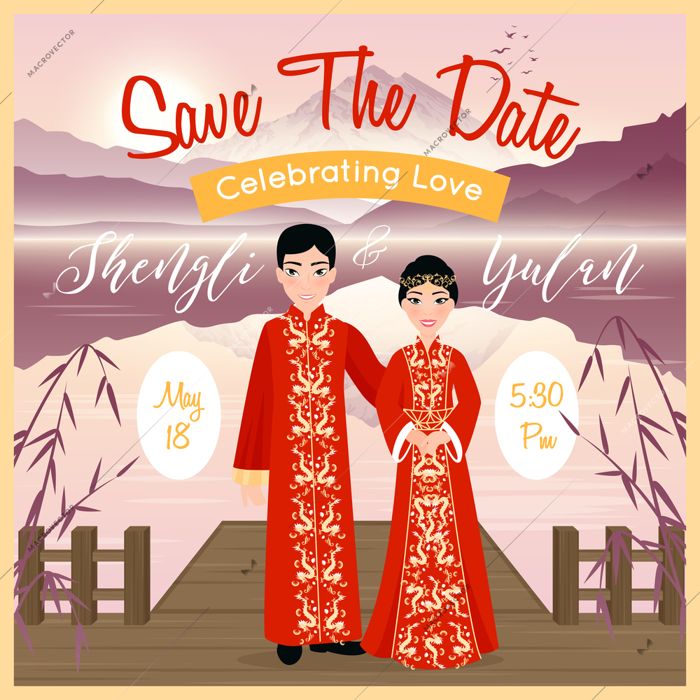 Chinese wedding couple invitation poster on background with beautiful landscape flat vector illustration