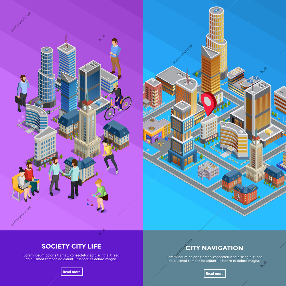 Vertical isometric city banners presenting society life and city navigation isolated vector illustration