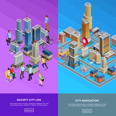 Vertical isometric city banners presenting society life and city navigation isolated vector illustration