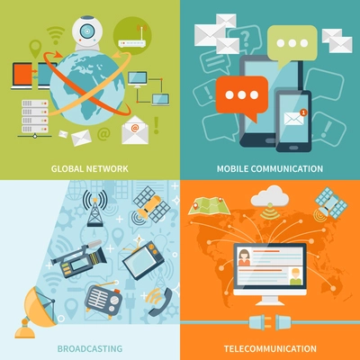 Telecommunication 2x2 design concept set of mobile radio and satellite communication and global network flat icons compositions vector illustration