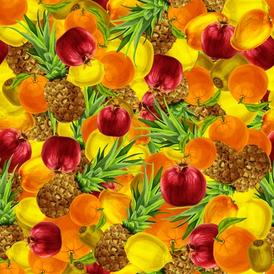 Seamless mixed ripe organic fruits pattern background with kiwi lemon orange pomegranate pineapple vector illustration