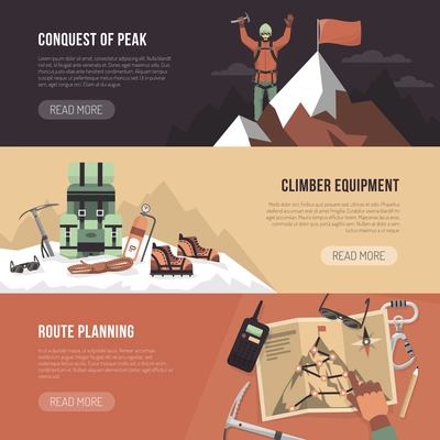 Color flat horizontal banner with title and text depicting conquest of peak climber equipment route planning vector illustartion