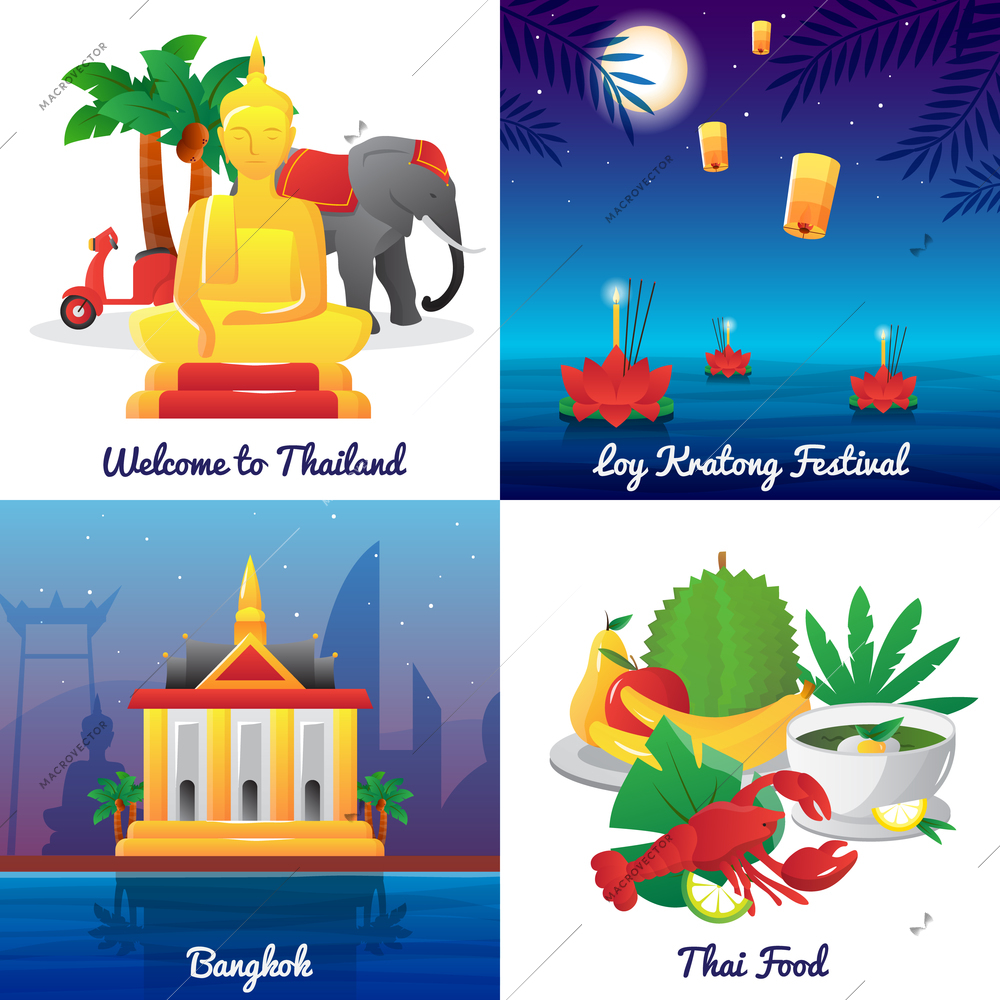 Thailand landmarks food and national symbols and festivals 4 flat icons square poster abstract isolated vector illustration