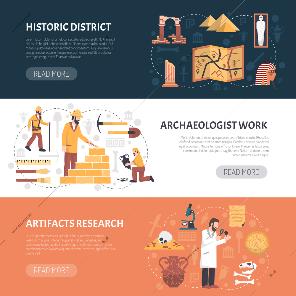 Color horizontal banner depicting archaeological work research historic district vector illustration