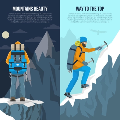 Color flat vertical banner depicting mountains beauty way to top vector illustartion