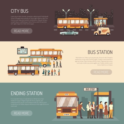 City bus public transport service information 3 flat horizontal banners with terminus depot station isolated vector illustration