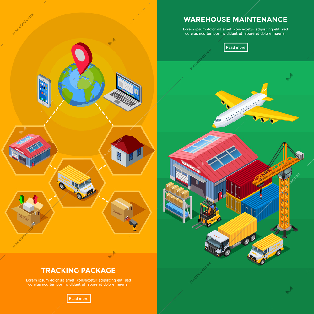 Warehouse isometric banners with stages of tracking package and elements of warehouse maintenance isolated vector illustration