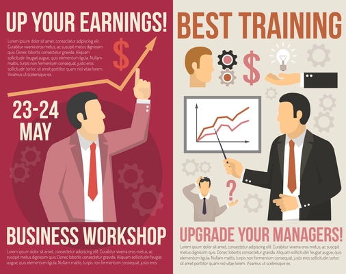 Business training and consulting workshop for managers 2 flat vertical banners with graphics abstract isolated vector illustration