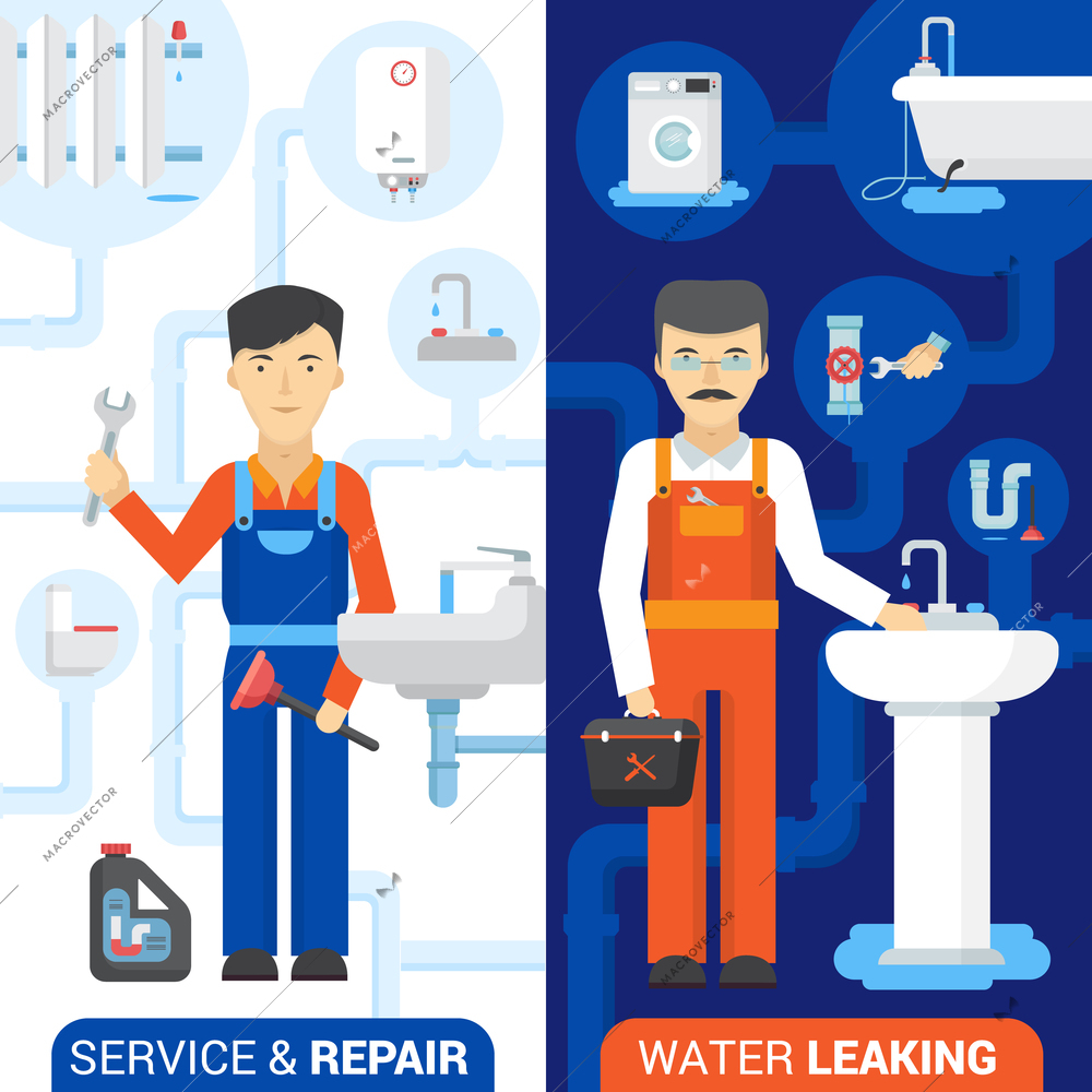 Drain cleaning and fixing leaking toilets plumber repair service 2 flat vertical banners abstract isolated vector illustration