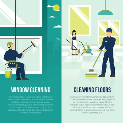 Professional industrial floor and windows cleaning services 2 flat vertical advertisement banners set abstract isolated vector illustration
