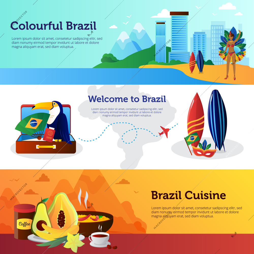 Brazil travel 3 flat horizontal banners set with national cuisine dishes landmarks and surfboard isolated vector illustration