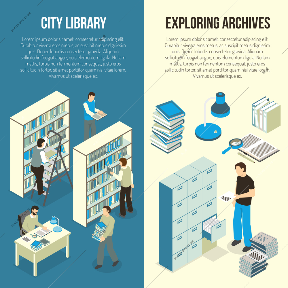 Public city library and academic scientific research documents archive 2 vertical isometric banners set isolated vector illustration