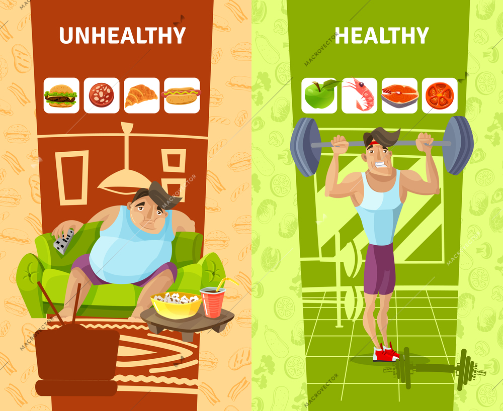 Healthy and unhealthy man vertical banners set cartoon isolated vector illustration