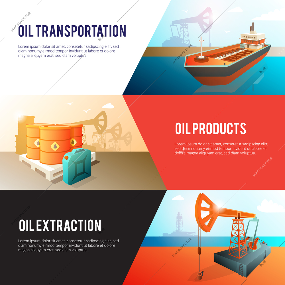 Petroleum industry 3 isometric banners set with oil extraction refining storage and transportation abstract isolated vector illustration