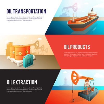 Petroleum industry 3 isometric banners set with oil extraction refining storage and transportation abstract isolated vector illustration