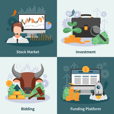 Investment and trading 2x2 design concept with broker bidding market rate venture capital images flat vector illustration
