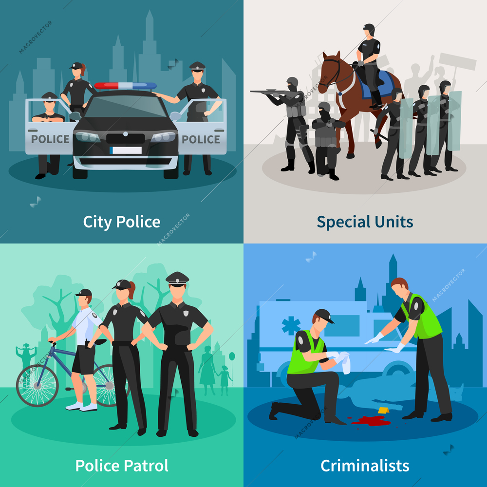 Police people 2x2 flat concept set of city police special units criminalists  and police patrol design compositions vector illustration