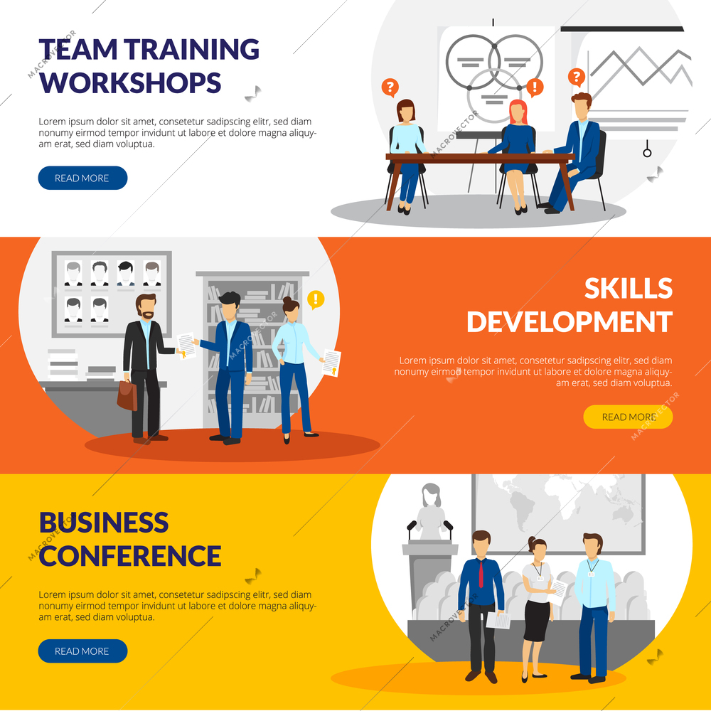 Business training consulting skill development workshops information 3 flat horizontal banners webpage design abstract isolated vector illustration