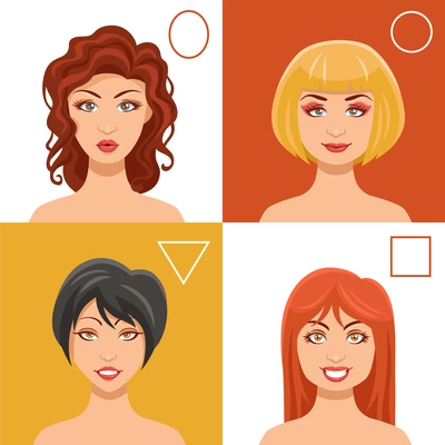 Women faces set with oval round triangle and square shapes flat isolated vector illustration