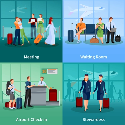 Airport flat 2x2 design concept set of passengers with baggage meeting and waiting people and stewardesses vector illustration