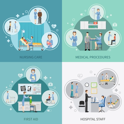 Nurse health care 2x2 design concept set of hospital staff providing first aid and performing medical procedures flat vector illustration