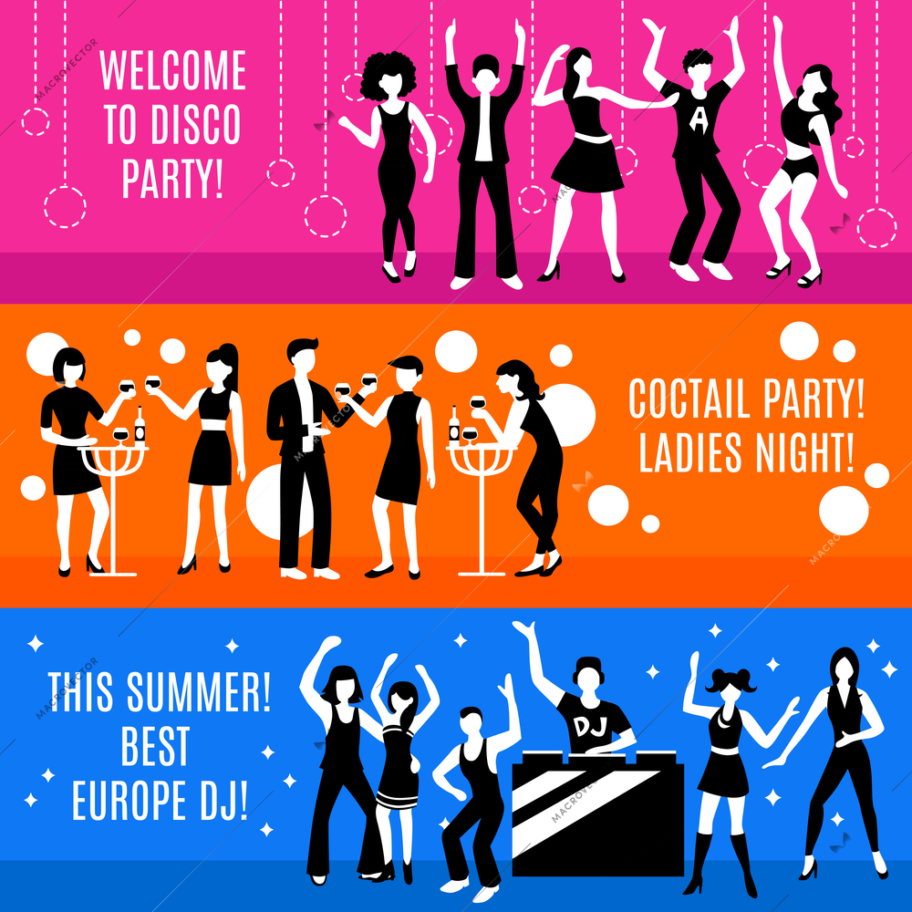 Disco party horizontal banners set with cocktail party and dj symbols flat isolated vector illustration