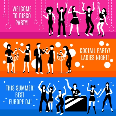 Disco party horizontal banners set with cocktail party and dj symbols flat isolated vector illustration