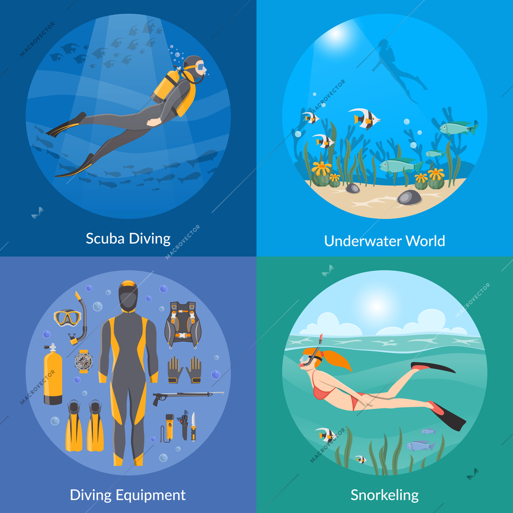 Diving and snorkeling 2x2 design concept set with diving equipment divers in underwater environment and girl swimming in mask snorkel and fins flat vector illustration