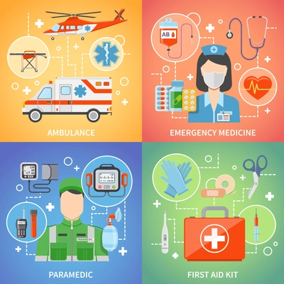 Paramedic 2x2 design concept set with medical equipment for first aid and emergency medicine flat vector illustration