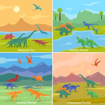 Dinosaurs 2x2 design concept set of cartoon compositions of jurassic triassic cretaceous and mesozoic periods flat vector illustration