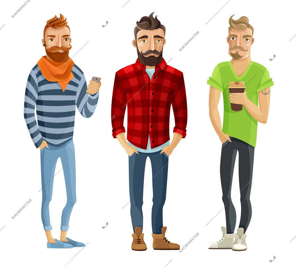 Hipster cartoon male people wearing trendy clothes and haircuts isolated on white background vector illustration