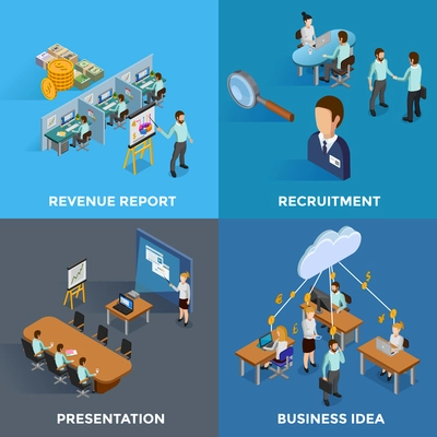 Isometric business 2x2 icons set with revenue report recruitment presentation and business idea isolated vector illustration