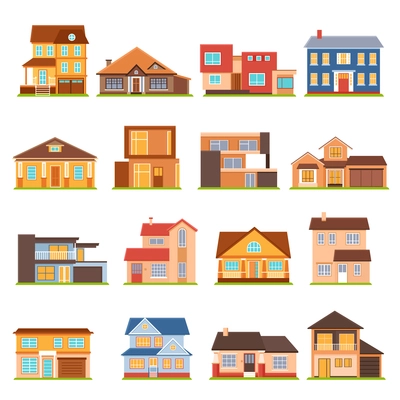 Decorative collection of modern town house cottage and estate building flat colored isolated icons vector illustration