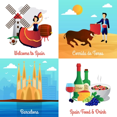 Spain travel with flamenco barcelona cathedral corrida and food 4 flat icons square poster abstract vector isolated illustration