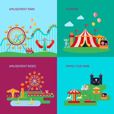 Amusement park concept icons set with amusement rides symbols flat isolated vector illustration