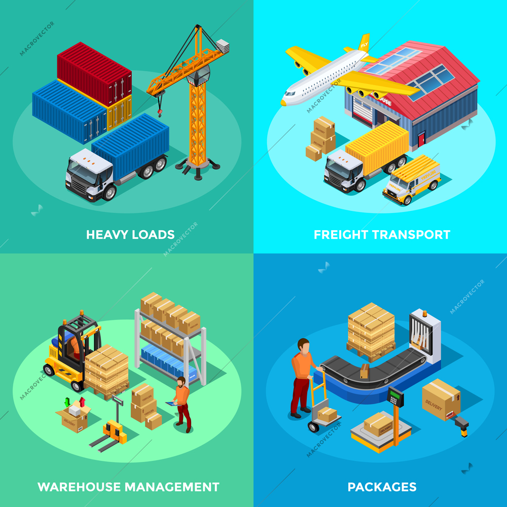 Warehouse isometric 2x2 icons set with delivery transport and process of packaging isolated vector illustration