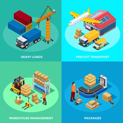 Warehouse isometric 2x2 icons set with delivery transport and process of packaging isolated vector illustration
