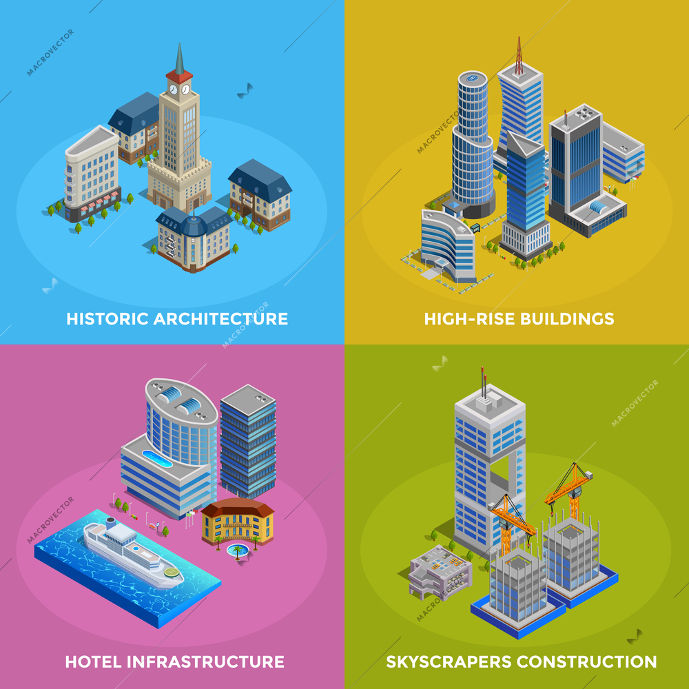Isometric city 2x2 icons set with different kinds of historic and modern buildings and hotel infrastructure isolated vector illustration
