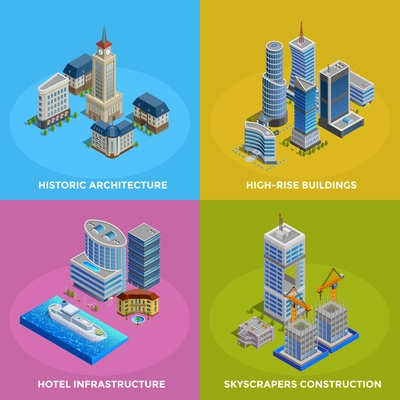 Isometric city 2x2 icons set with different kinds of historic and modern buildings and hotel infrastructure isolated vector illustration