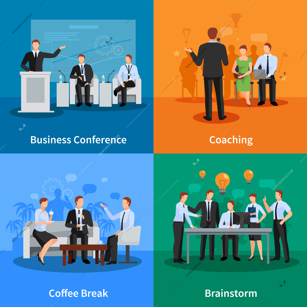 Business Conference Concept. Business Meeting Vector Illustration. Conference Flat Icons Set. Conference Design Set. Conference Isolated Elements.