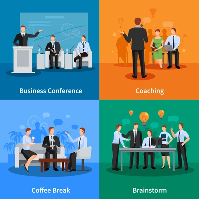 Business Conference Concept. Business Meeting Vector Illustration. Conference Flat Icons Set. Conference Design Set. Conference Isolated Elements.