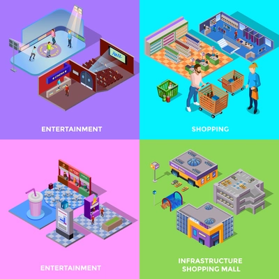 Shopping mall 2x2 icons set with different departments cinema cafe isolated isometric vector illustration